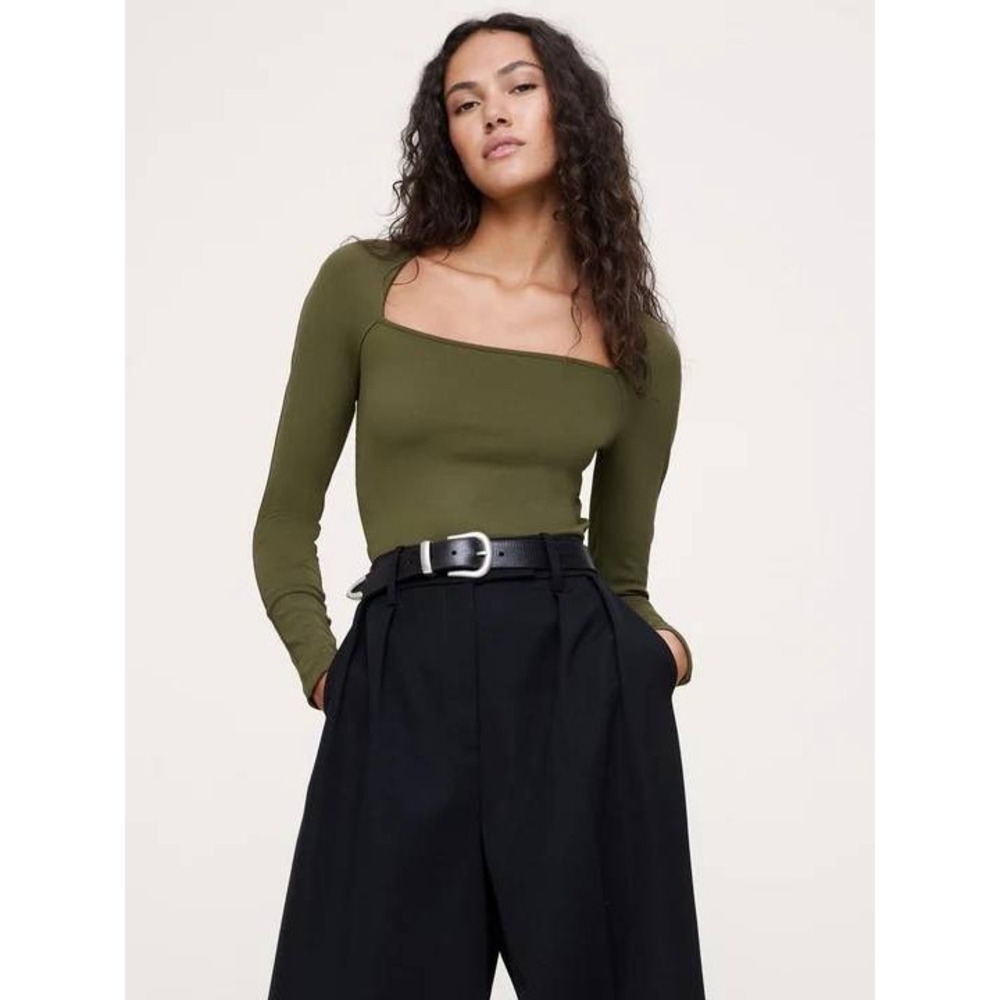 Banana Republic Sculpted Stretch Square Neck Green Long Sleeve Top Size XS